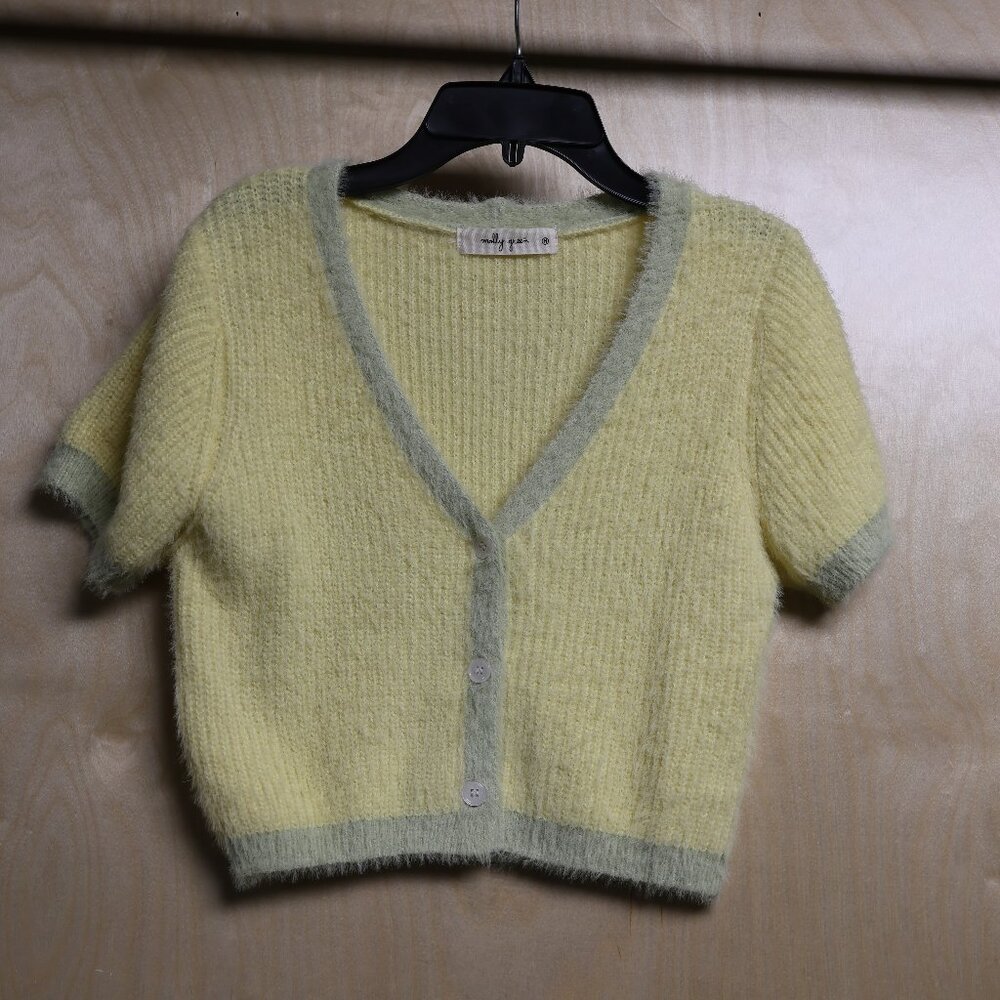 Soft Yellow Short-Sleeve Fuzzy Cardigan
